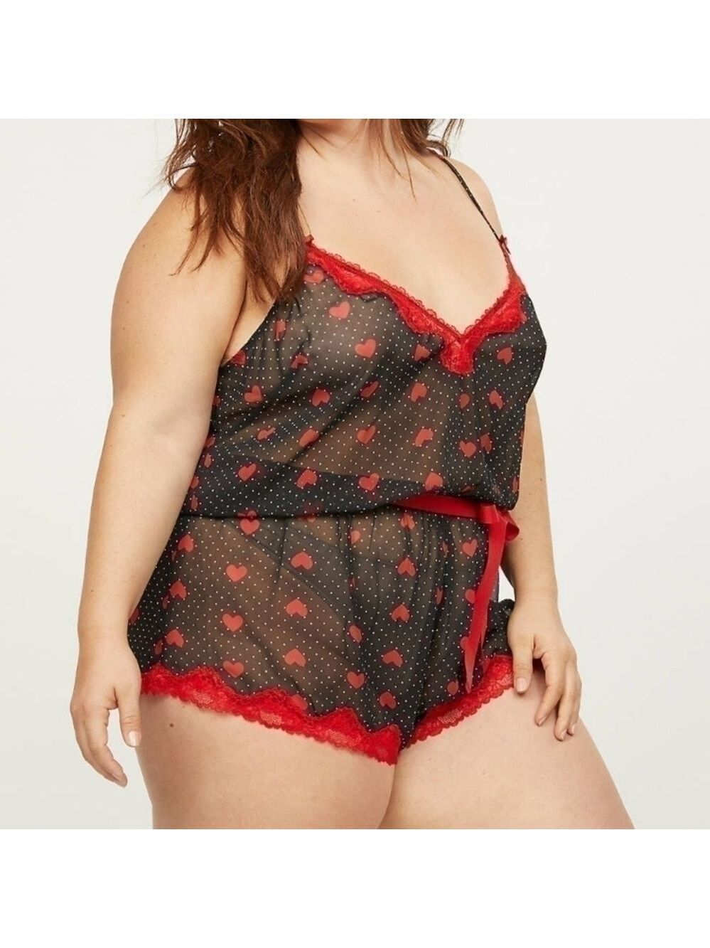 Cacique Valentine Heart Romper Lace Trim